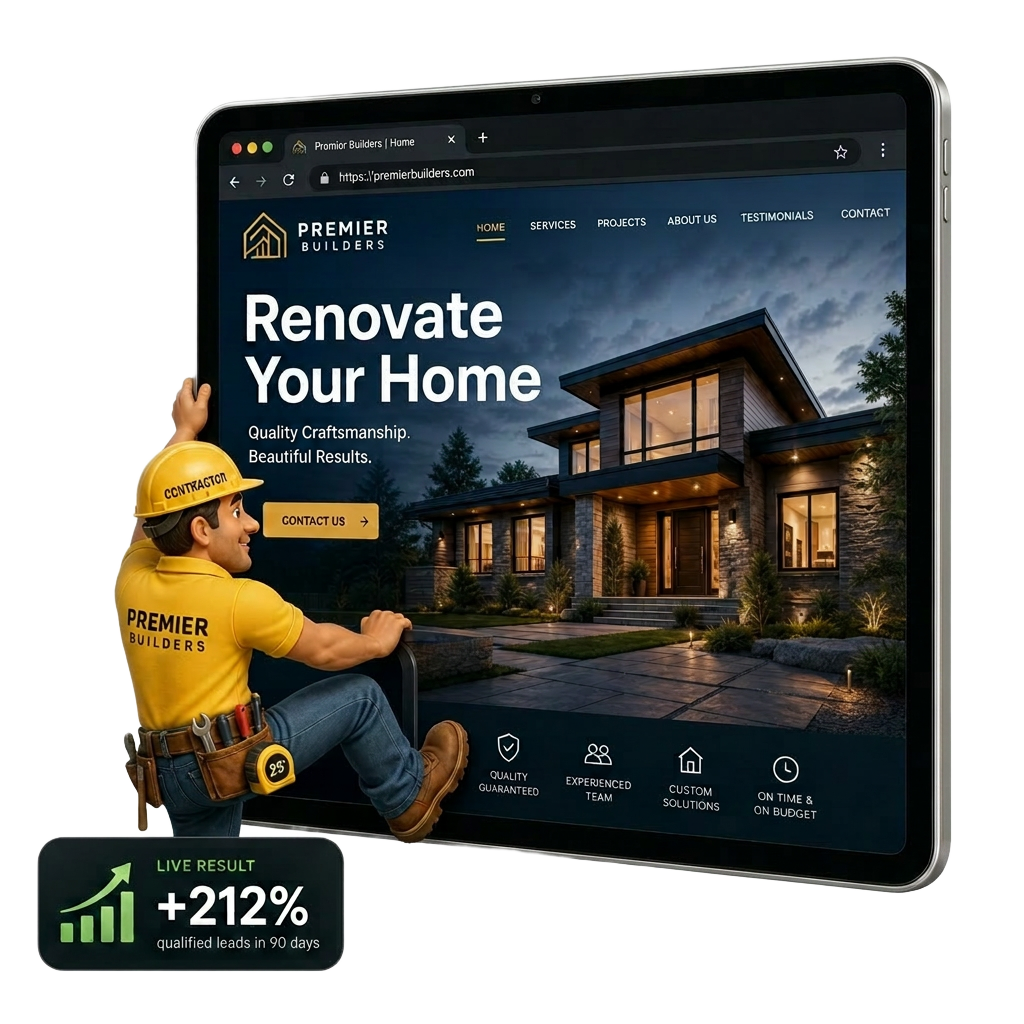 Friendly contractor character climbing a ladder into a website browser window